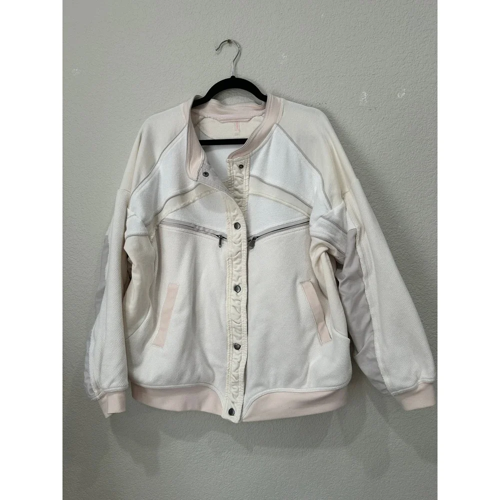 Free People Movement Mixed Media Bomber Jacket Cream Ivory Paneled Women L